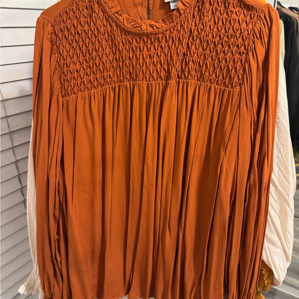 a new day Orange Smocked Mandarin Collar Blouse